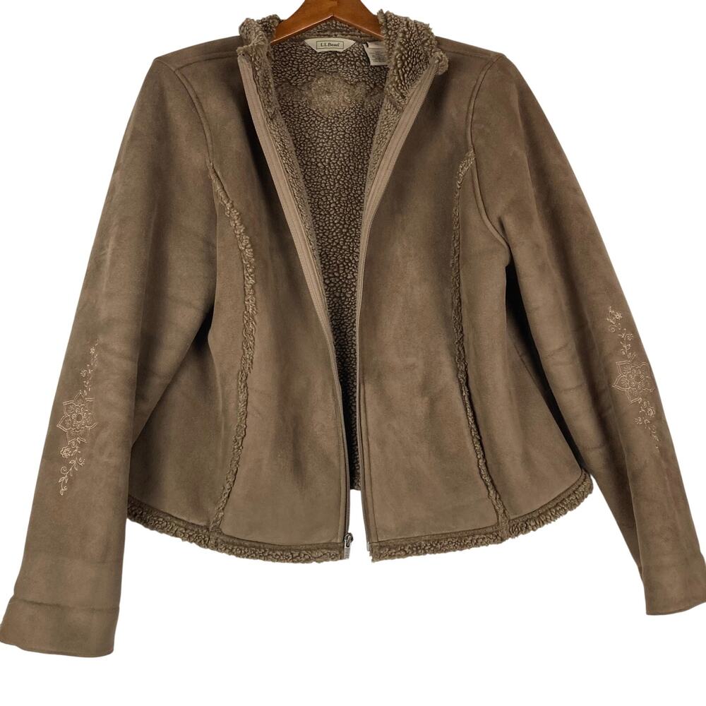 LL Bean Zip Jacket Women L Reg Brown Sherpa Fleece Lined Embroidery Faux Suede